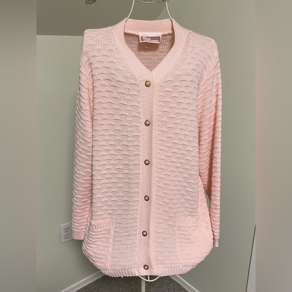 FUNCTIONALS Vintage Knitted Cardigan, Button Front, V-Neck, Pink, size XL